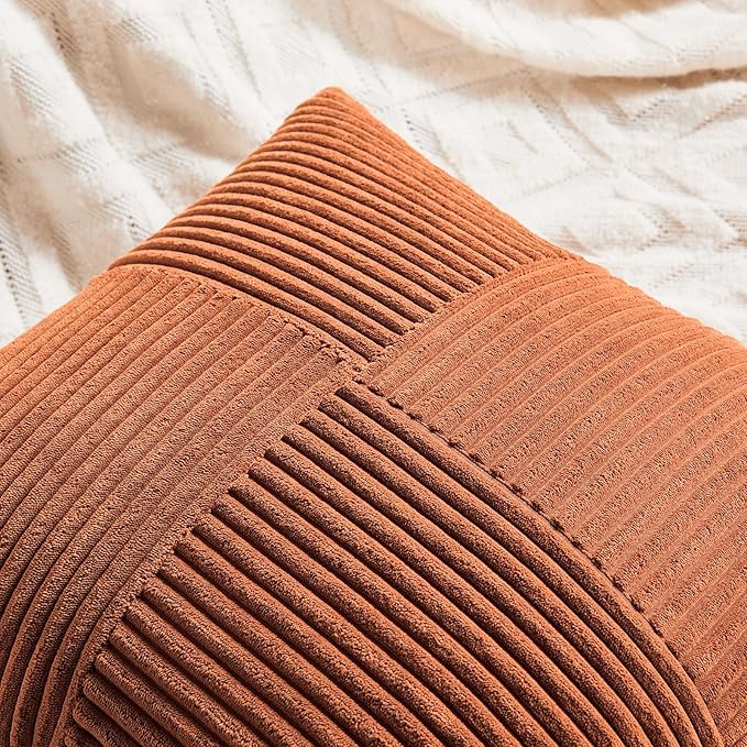Fancy Homi 4 Packs Rust Decorative Throw Pillow Covers 20x20 Inch for Living Room Couch, Rustic Farmhouse Boho Home Decor, Soft Cross Corduroy Patchwork Accent Terracotta Square Cushion Case 50x50 cm