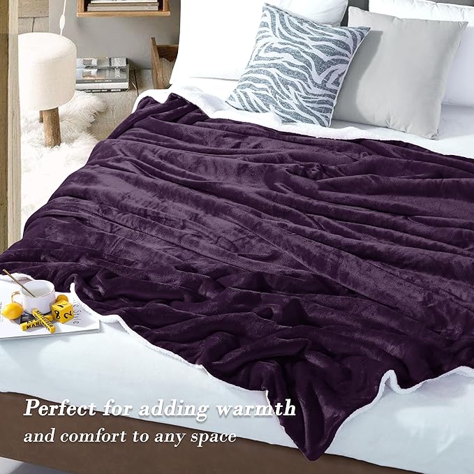 Mocassi Premium Ultra-Soft Flannel Fleece Sherpa Throw Blanket - Warm Cozy Reversible Plush Micromink Blanket for Couch, Bed and Sofa - Fluffy, Christmas Winter Bedding Gift, Queen, Purple