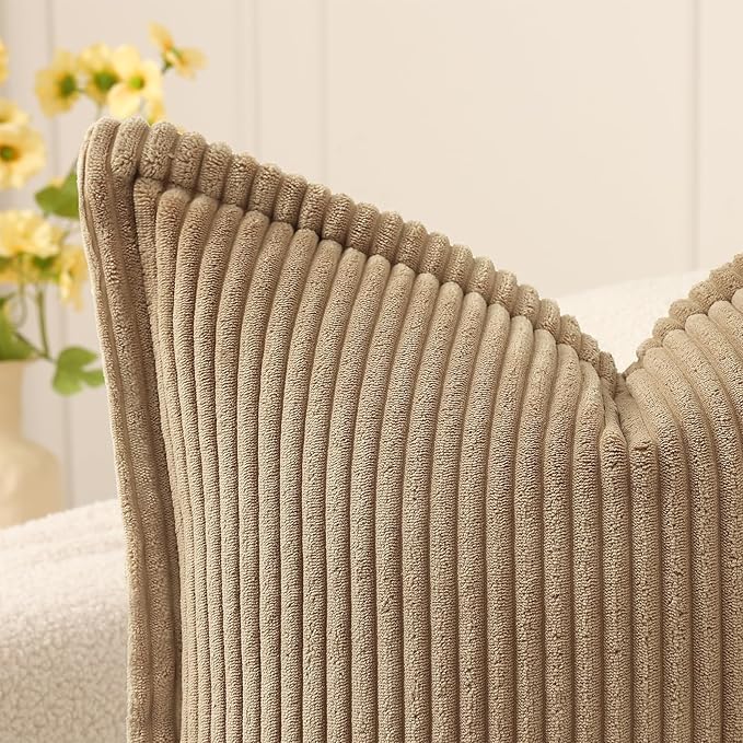 Mecatny Corduroy Throw Pillow Covers 26x26 Set of 2, Neutral Decorative Soft Boho Couch Pillow Covers with Broadside for Sofa Living Room, Khaki