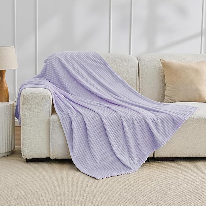 Bnuitland Fleece Throw Blanket for Couch, 300GSM Soft Warm Cozy Fluffy Throw for Adults & Kids, Stripe Pattern, All Season Sofa Bed Blanket for Home Decor, Light Purple 50"x60"