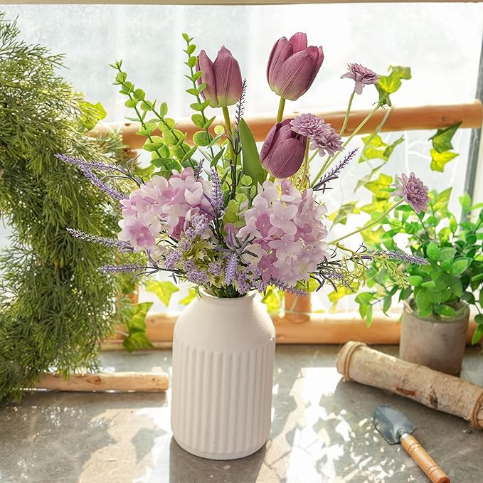 LUEUR Artificial Flowers with White Ceramic Vase – Spring Floral Centerpiece Table Decorations, Faux Tulip, Hydrangea & Lavender Flower Arrangement for Coffee Table, Dining Room, Spring Decor