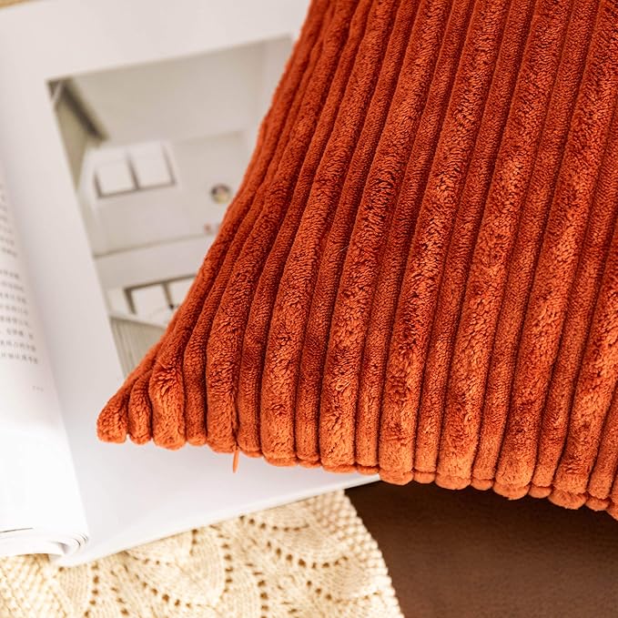 UGASA Fall 12x24 Inch Pillow Cover Pack of 1 Soft Boho Stripe Corduroy Long Rectangle Lumbar Cushion Case Farmhouse Decorative Throw Pilowcase for Bed, Couch, Sofa, Bedroom, Living Room, Burnt Brick