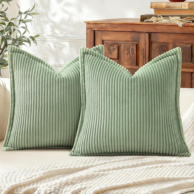 Mecatny Corduro Spring Throw Pillow Covers 18x18 Set of 2, Neutral Decorative Soft Boho Couch Pillow Covers with Broadside for Sofa Living Room, Sage Green