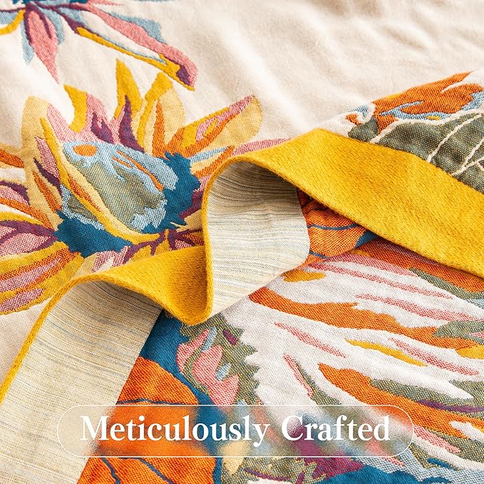 Boho Throw Blanket Full Size, Extra Large Soft Cozy Cotton Muslin Quilt Blanket for Bed Decor, Floral Patterned Couch Sofa Chair Cover, Vintage Farmhouse Cottage Woven Blanket, Yellow&Blue