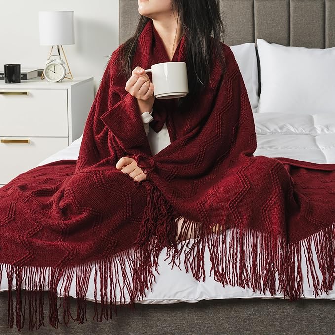 PAVILIA Maroon Red Knit Throw Blanket for Couch, Twin Bed, Soft Knitted Farmhouse Sofa Throw for Living Room, Lightweight Decorative Fall Blanket for Chair, Outdoor Textured Boho Blanket, 60x80