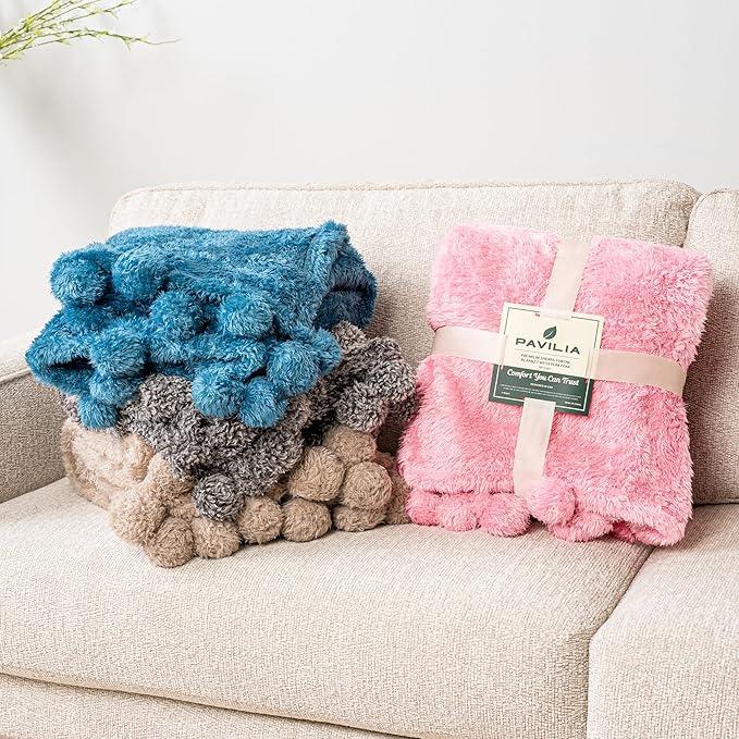 PAVILIA Tan Sherpa Throw Blanket for Couch, Warm Plush Pom Pom Blanket Throw Twin, Fuzzy Sofa Blanket Throw for Bed, Lightweight Soft Cozy Fluffy Blanket with Pom Poms, Taupe, 60x80