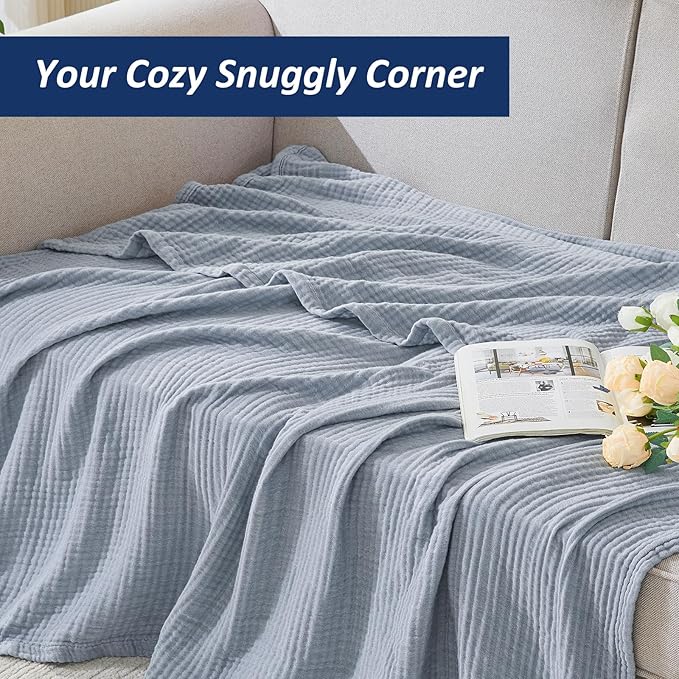 EMME Cotton Muslin Queen Blanket Bed Layering Bedspread Coverlet Breathable Gauze Soft Lightweight Blankets (Heather Dusty Blue, 90"x90")