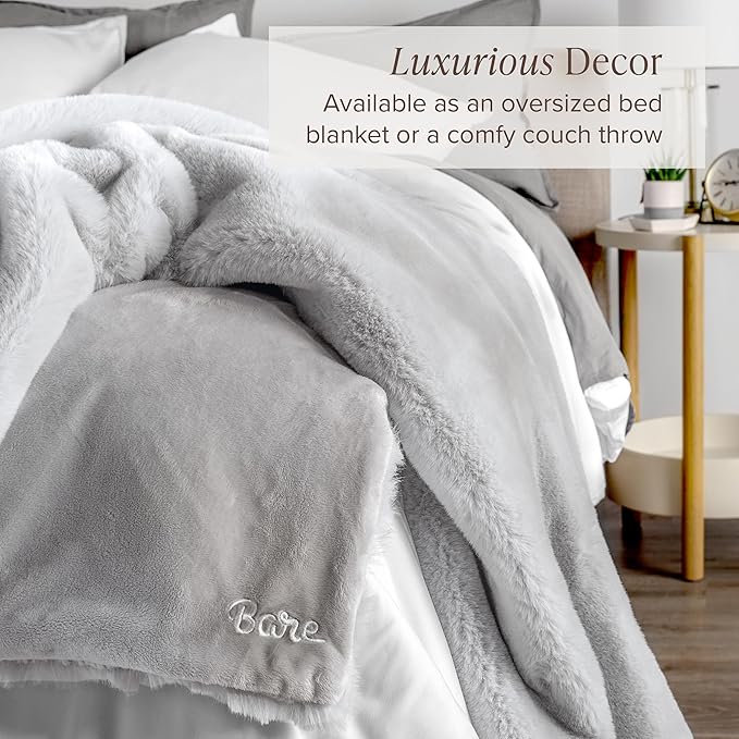 Bare Home Faux Fur Blanket - Ultra-Soft Luxurious - Cozy Warm Blanket for Couch, Sofa, Chair, Bed - Fuzzy Fluffy Super Soft - Decorative Bed Blanket, 60x47 inches (Throw, Silver)