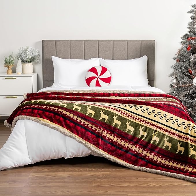 PAVILIA Premium Christmas Sherpa Throw Blanket, Green Red Cabin Design with Reindeer Print, Ultra Soft Reversible Fleece & Sherpa 90x90 Queen Winter Blanket, Cozy Christmas & Holiday Decor