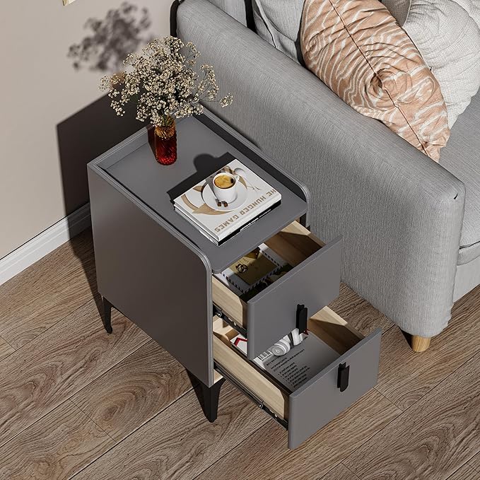 VICITON Narrow Nightstand with 2 Drawers, Narrow Side Table Leather Surface, Slim Bedside Table for Bedrooms, Dormitories, Living Rooms (Light Gray, 15.7" D x 11.8" W x 22.4" H)