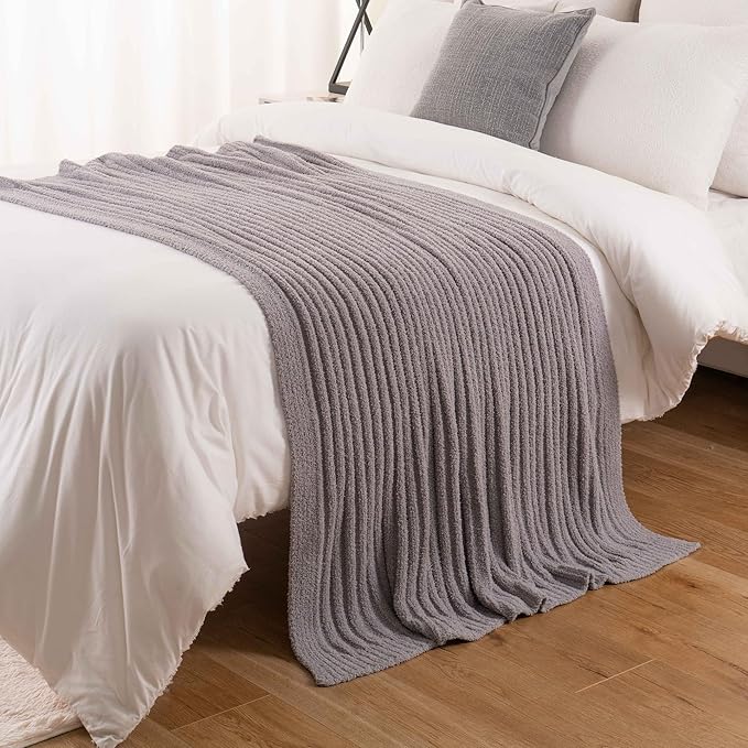 BATTILO Throw Blanket for Couch, Fluffy Soft Plush Grey Chenille Blankets, Cozy Warm Lightweight Blanket for Bed, Sofa, Light Gray, 50"x60"