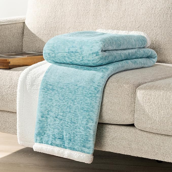 PAVILIA Melange Teal Blue Twin Bed Sherpa Blanket Throw, Warm Soft Cozy Reversible Blanket Couch Sofa, Thick Plush Large Fleece Blanket, Decorative Home Room Decor Gift Men Women, 60x80 Turquoise Aqua