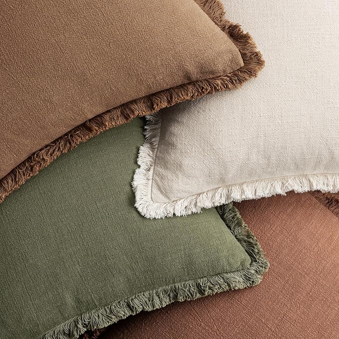 MIULEE Decorative Couch Pillow Covers Neutral Linen Fringe Throw Pillows Set of 4 Soft Rustic Cushions Boho Farmhouse Pillowcases for Bed Sofa Living Room Spring Decor 24x24 Inch Beige/Brown/Green