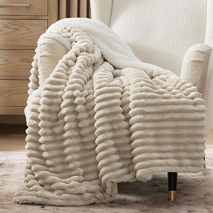 Bedsure Sherpa Throw Blanket for Couch - Super Soft, Cozy Fleece Thick Warm Blanket for Winter, GentleSoft Plush & Fluffy Spring Throw Gift for Women, Room Decor, Beige, 50x60 Inches