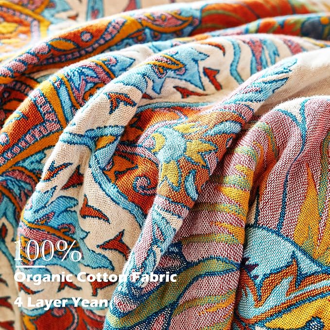 Boho Throw Blanket, 100% Organic Cotton Breathable Skin-Friendly Ultra Soft Bed Quilt Throw - All Season Floral Bird Farmhouse Décor Luxury Blanket for Sofa Couch Chair and Gift. 60" x 80"