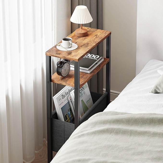 Narrow Side Table, Slim End Table with Magazine Rack, Bedside Table for Small Spaces, 3 Tier Sofa Couch Table Nightstand for Living Room, Bedroom Rustic Brown LET503R