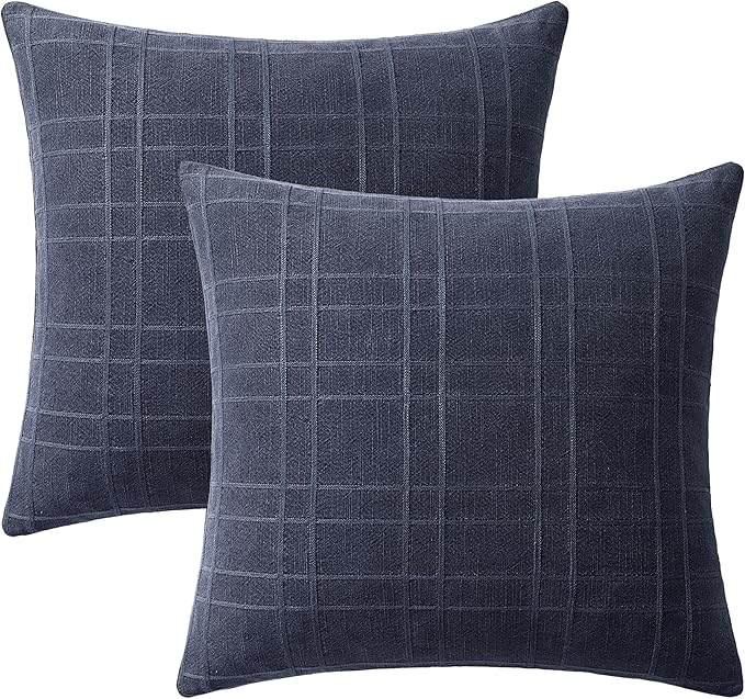 MIULEE Decorative Linen Check Euro Shams Throw Pillow Covers Neutral Farmhouse Vintage Pillow Covers 22x22 Set of 2 Boho Modern Home Decor for Sofa Couch Bedroom Cushion Navy Blue