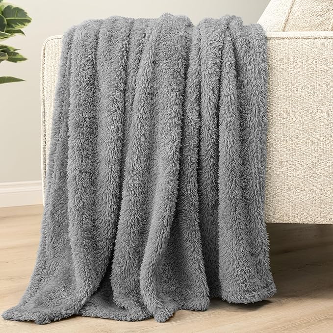 Pavilia Sherpa Bed Blanket Queen Size, Grey Plush Soft Cozy Fluffy Lightweight Microfiber Fuzzy All Season Blanket, 90x90