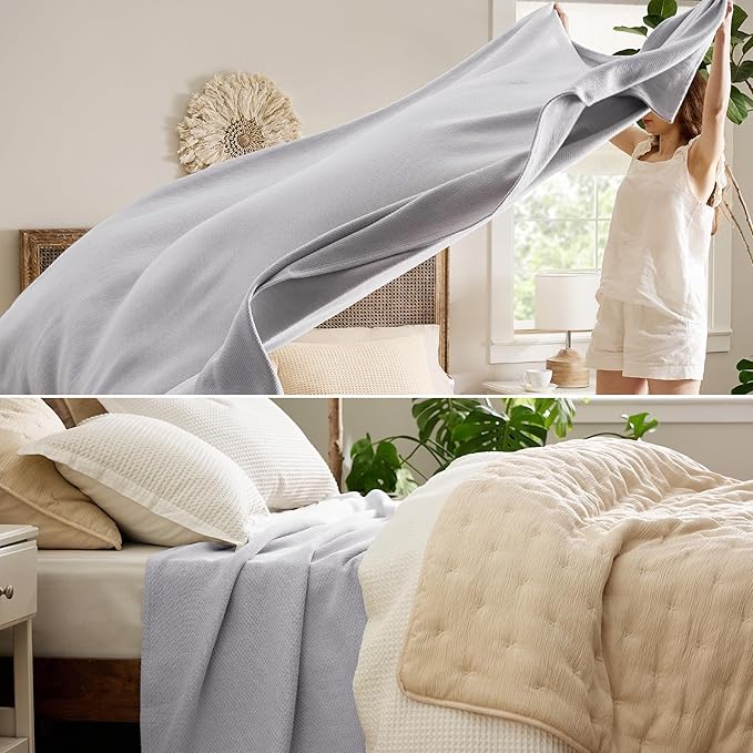 Bedsure GentleSoft 100% Cotton Blanket King Size for Bed - Breathable and Lightweight, Soft Cozy Textured Herringbone Woven Blanket for Summer Spring, Cool Grey, 108x90 inches