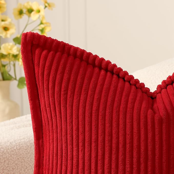 Mecatny Christmas Corduroy Throw Pillow Covers 18x18 Set of 2, Neutral Decorative Soft Boho Couch Pillow Covers with Broadside for Sofa Living Room, Christmas Red