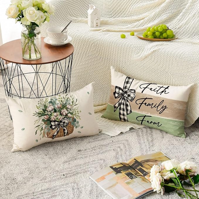 AVOIN colorlife Home Sweet Home Farmhouse Eucalyptus Leaves Throw Pillow Covers, 12 x 20 Inch Truck Stripes Buffalo Plaid Cushion Case Decorations Set of 4
