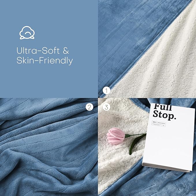 Electric Heated Blanket Throw Size 50"x60" - Flannel & Sherpa Fabric Dual-Sided, 6 Heat Settings & 1-3 Hours Auto Off, Soft & Cozy Warming Throw for Home, Office, or Bed, Machine Washable, Slate Blue