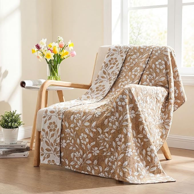 Floral Chenille Throw Blanket 50 x 60'' Farmhouse Vintage Boho Flower Blanket Soft Throw for Couch Bed Sofa Chair Living Room Outdoor Woven Decorative Home Gift(Brown)(Flower,Brown)