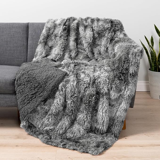 PAVILIA Gray Fluffy Bed Blanket, Queen Size, Fuzzy Blanket for Women Men, Furry Plush Warm Large Throw for Couch Sofa, Super Soft Thick Faux Fur Sherpa Blanket, Tie-Dye, 90x90