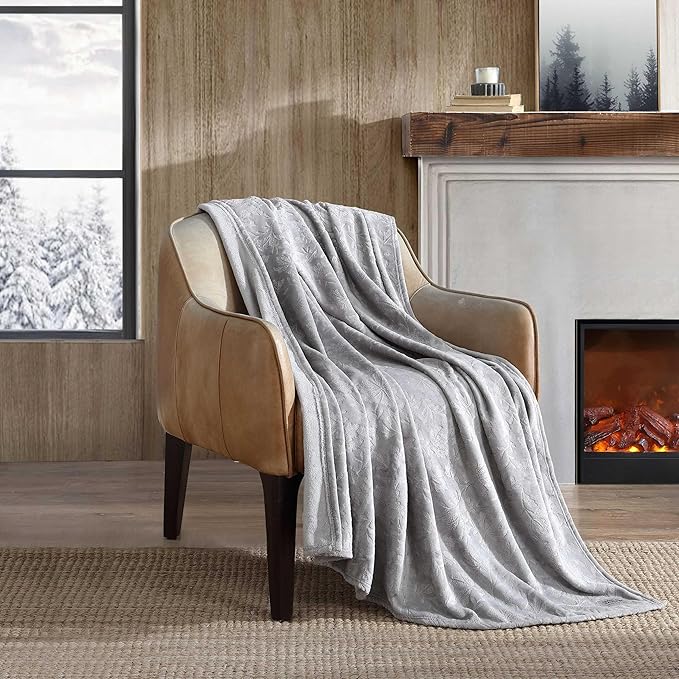 Eddie Bauer - Throw Blanket, Ultra-Soft & Embossed Plush Bedding, Blanket for Couch & Bed (Woodblock Floral Grey, 50" x 70")