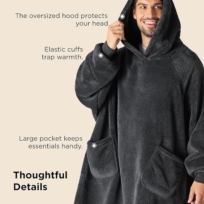 Bedsure Blanket Hoodie, Wearable Blanket Hoodie as Mothers Day Birthday Gifts for Women Men Mom Dad, Warm Cozy Hoodie Blanket Sweatshirt for Adult Women Men, Charcoal, Oversize