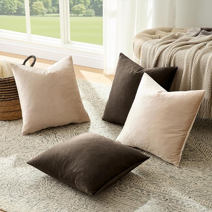 GIGIZAZA Pillow Covers 18x18 Set of 4,Brown Champagne Velvet Soft Pillow Covers Decorative Square Modern Pillows Cushion Cases for Living Room