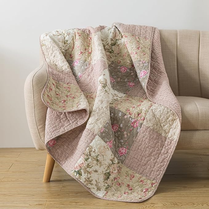SLPR Cotton Quilted Throw Blanket, 50" x 60" Floral Farmhouse Patchwork Quilt, Shabby Chic Patchwork Throw Lap Quilt for Couch, Secret Garden