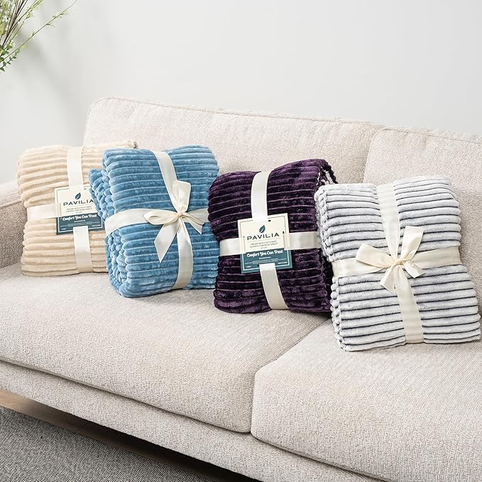 PAVILIA Dusty Blue Sherpa Fleece Throw Blanket for Couch Twin, Soft Plush Fuzzy Blankets, Fluffy Flannel Sherpa Blanket for Bed, Warm 3D Ribbed Winter Blanket Gift, 60x80 inches