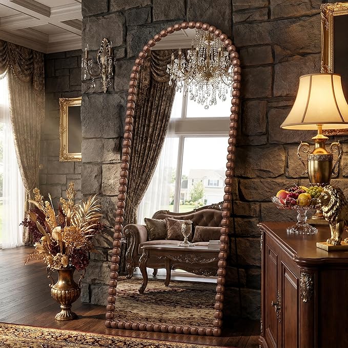 Antok 57" x 21" Arched Full Length Mirror, Antique Beaded Frame Floor Standing or Wall Mounted Mirror with Stand for Bedroom, Entryway, Brown, Luxury Style