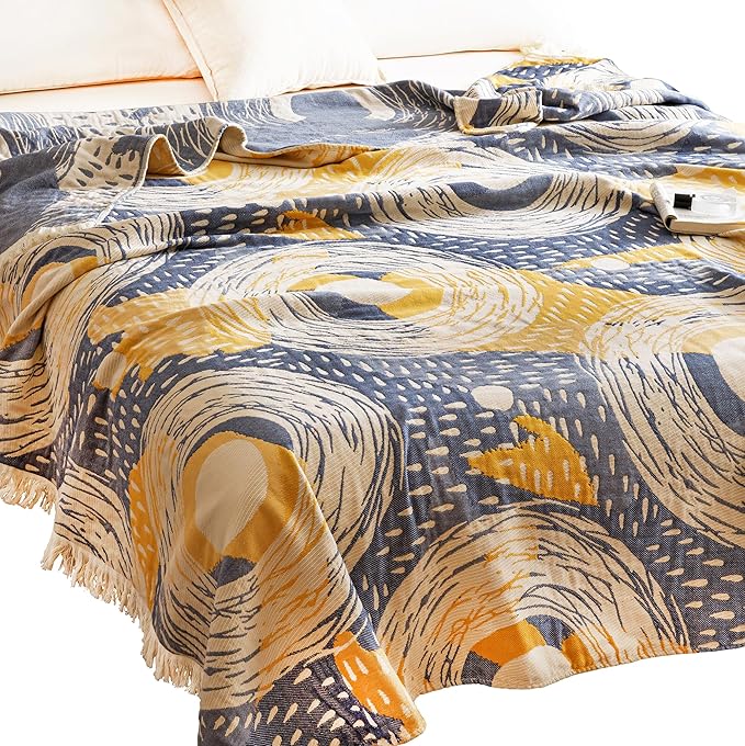 Scientific Sleep Starry Blue Sky Moon Stars 100% Cotton Muslin Blanket Throw Cover for Bed Couch Sofa Cozy Soft Reversible Bedding Blanket Quilt Bedspread Coverlet Twin 60 in x 80 in