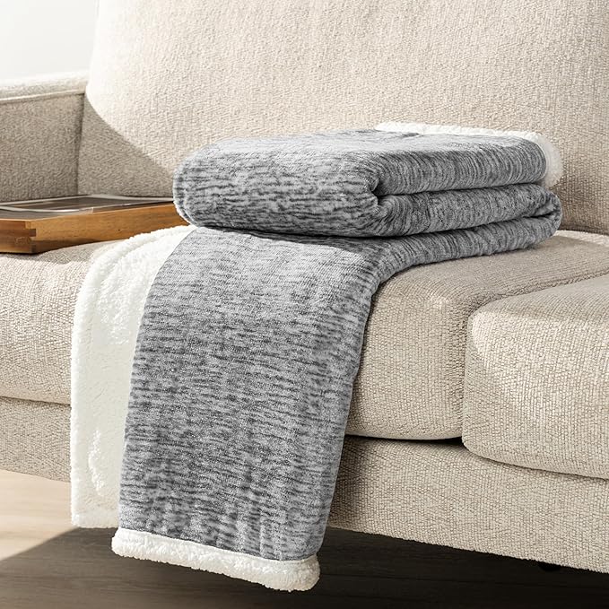 PAVILIA Melange Light Gray Twin Bed Sherpa Blanket Throw, Warm Soft Cozy Reversible Blanket Couch Sofa, Thick Plush Large Fleece Blanket, Decorative Home Room Decor Gifts Men Women, 60x80 Light Grey