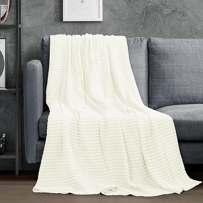 Utopia Bedding Ivory 100% Cotton Waffle Blanket 300 GSM [King - 90x108 Inch] Soft Lightweight Breathable Bed Blanket for All Season