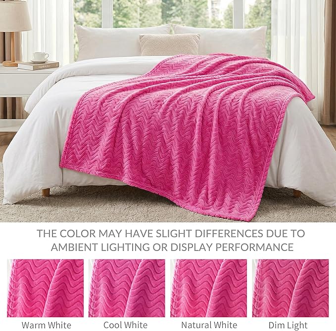 Exclusivo Mezcla Fleece Throw Blanket for Couch, Cozy Lightweight Blankets for All Season, Decorative Giftable Fuzzy Plush Wave Textured Throws for Women, Men, Hot Pink, 50x70 Inches