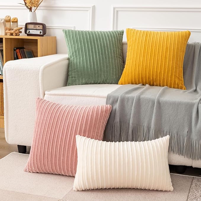 UGASA Velvet 12x20 Inch Lumbar Soft Throw Pillow Cover Farmhouse Decorative Corduroy Striped Both Sides Solid Rectangular Cushion Case for Couch Bedroom Sofa Home, 1 Piece, Sage Green