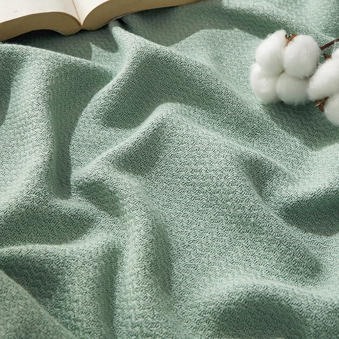 Bedsure GentleSoft 100% Cotton Large Throw Blanket for Couch 50x70 inches - Breathable and Lightweight, Soft Cozy Herringbone Woven Cotton Throw for Summer, Sage Green Office Chair Blanket