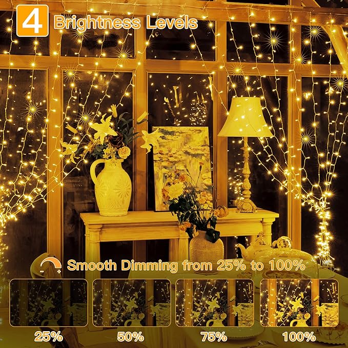 Ollny Curtain Lights 6.6x6.6ft, 200 LED String Lights with Remote 8 Modes Dimmable Timer, USB Power Fairy Light for Bedroom Backdrop Indoor Wall Window Christmas Decorations, Warm White