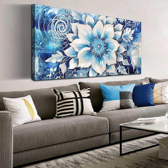 Xxliren Flower Wall Art for Living Room Large Size Office Blue Floral Wall Art Prints Ready To Hang Size 60 x 30 Inch