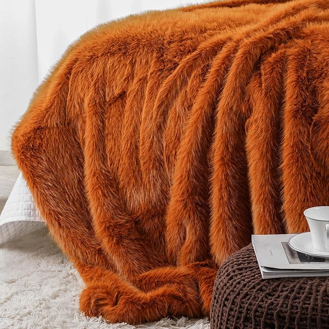 BATTILO HOME Luxury Fall Faux Fur Throw Blanket, Rust Orange Fur Blankets and Throw for Couch, Sofa, Chair, Bed, Soft Plush Warm Fuzzy Cozy Fur Throws with Long Pile, Fall Decor, 60"x80"