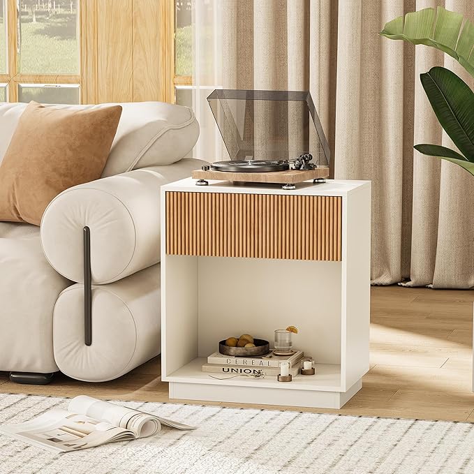 Fluted Nightstands Set of 2, Modern Bedside Table with Drawer and Storage Shelf, Wood End Table Mid Century Night Stands for Bedroom Living Room Sofa Couch Office (White+Oak)
