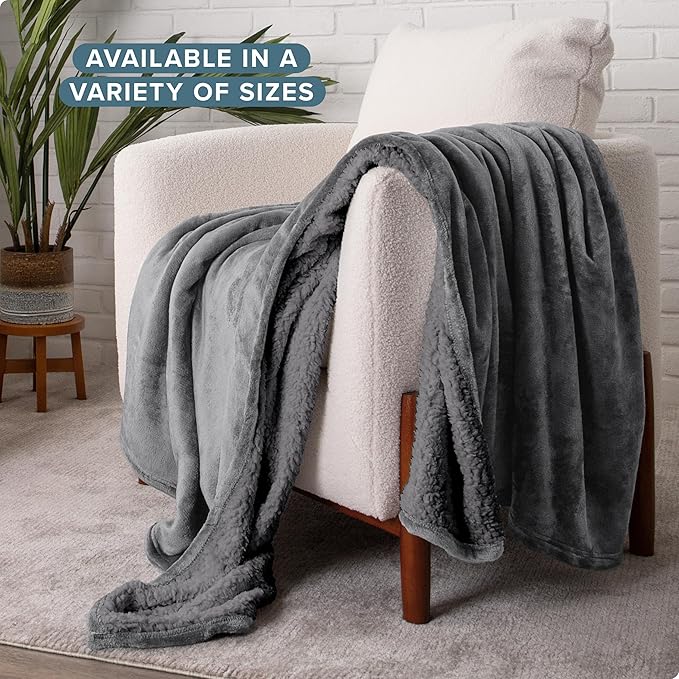 Bare Home Sherpa Fleece Blanket - King Size - Blanket for Bed, Sofa, and Couch - Warm & Lightweight - Fluffy & Soft - Reversible (King, Grey with Grey Sherpa)