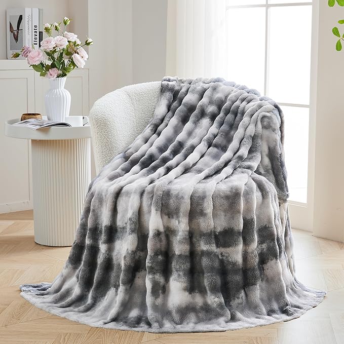 3D Bubble Plush Blanket Textured Fleece Throw Soft Warm Cozy Blanket Couch Bed Tie Dye Grey 60x80 Inches