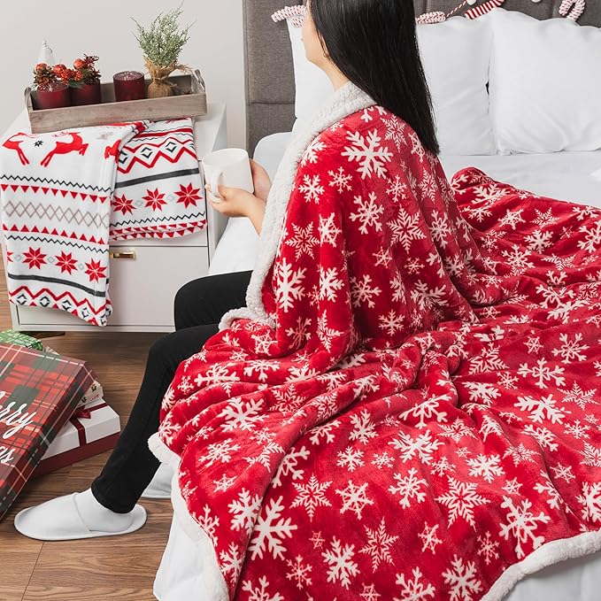 PAVILIA Red Snowflake Christmas Sherpa Throw Blanket, Ultra Soft Reversible Fleece Sherpa 60x80 Winter Blanket for Couch & Bed, Cozy Christmas Home Decor