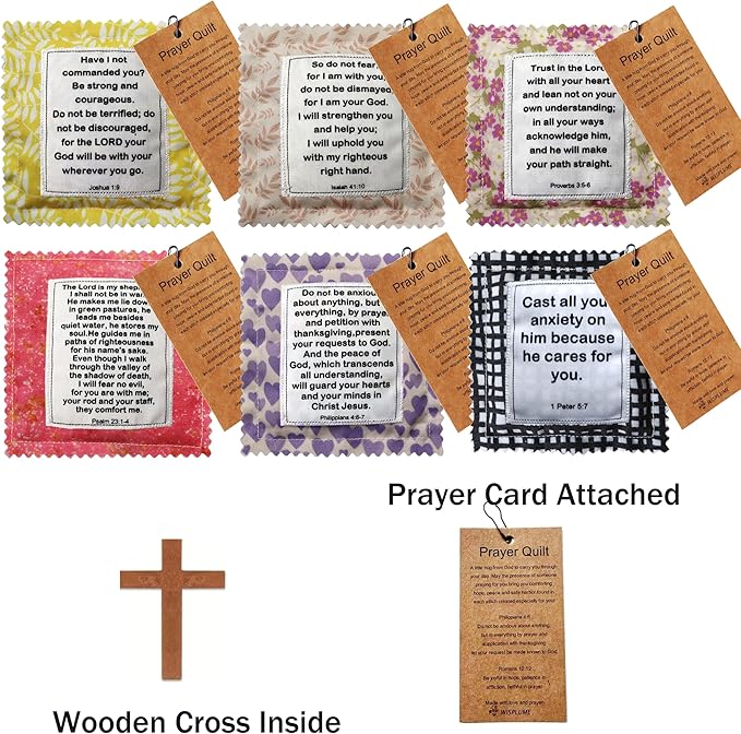 Mini Prayer Quilt with Cross Inside Vintage Pocket Scripture Prayer Quilt Squares Sympathy Christian Gifts for Women Pastor Appreciation Father's Day Graduates Gifts (Scripture 6 Pack)