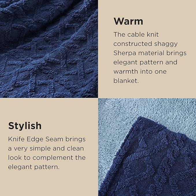 Bedsure Gentlesoft Sherpa Fleece Blanket Twin Size for Bed - Fluffy & Cozy Cable Jacquard Tufted for Women Gift, Thick and Warm Christmas Blanket for Winter, Navy, 60x80 Inches