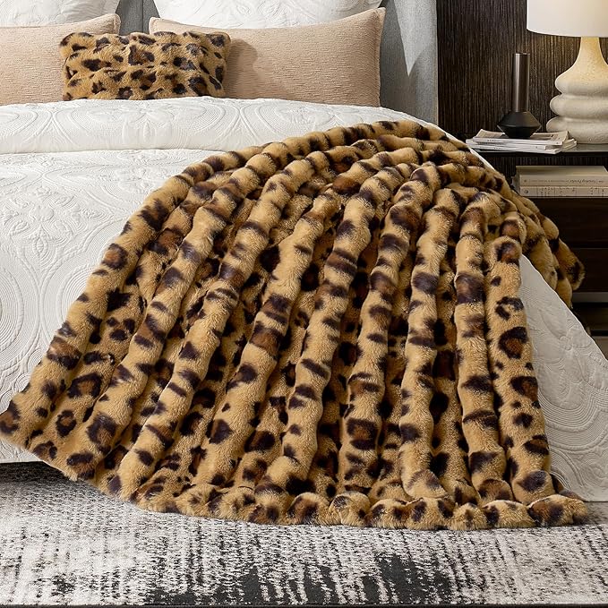 Cozy Bliss Cheetah Leopard Print Faux Fur Throw for Couch, Fuzzy Soft Plush Thick Bubble Blanket for Sofa Bedroom Living Room, 60x80 Inches Brown